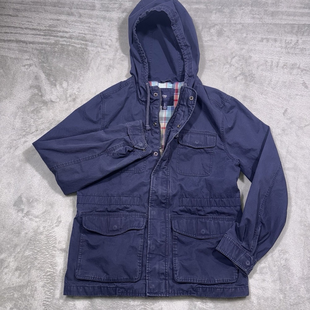 Gap Plaid Lined Field Utility Hooded Jacket Men's Large Navy Blue Vintage Y2K
